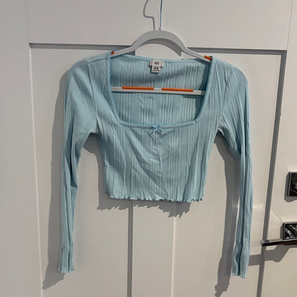 BDG Light Blue Ribbed Square-Neck Long-Sleeve Crop Top with Front Bow